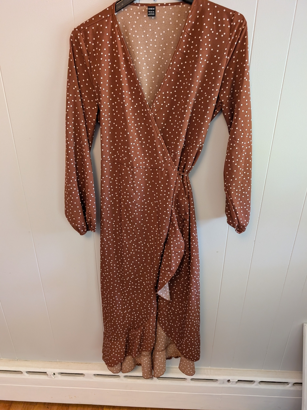 SHEIN Rust Brown Polka Dot Wrap Midi Dress